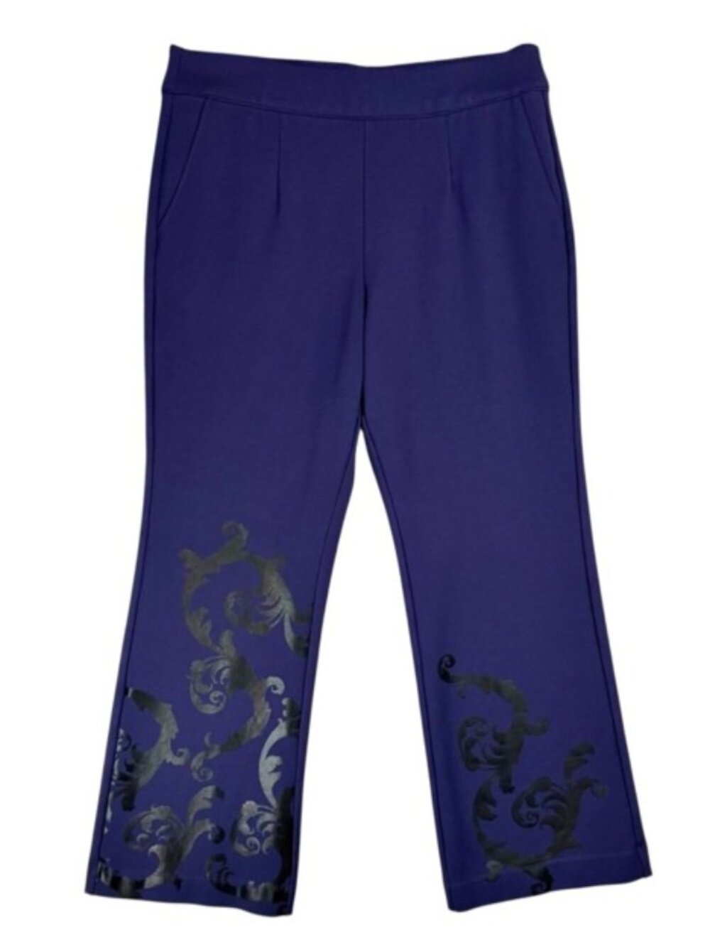 Soft Surroundings Ponte Navy Blue Pants, flare bottoms, scroll design on legs